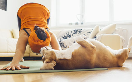 Woman doing yoga with dog