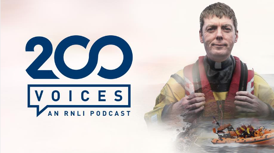 200 Voices podcast logo next to priest wearing lifeboat crew member kit