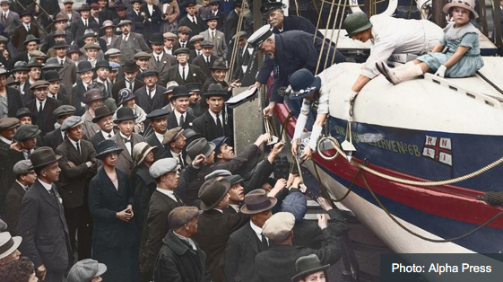 RNLI lifeboat in Trafalgar Square, surrounded by crowd, 1924