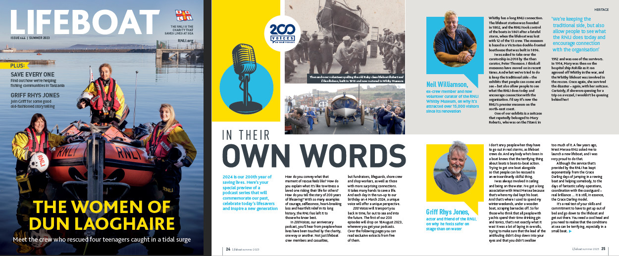 Cover from the RNLI's Lifeboat magazine alongside an article announcing the 200 Voices podcast series