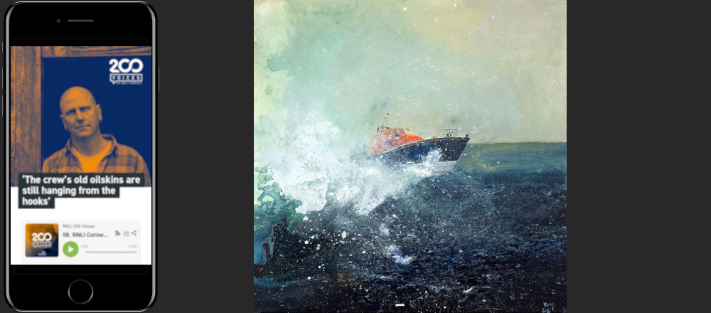 Mobile phone displaying Kurt Jackson's podcast episode alongside one of his paintings