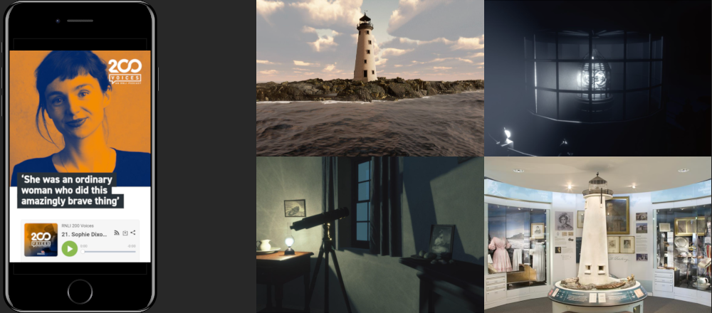 Mobile phone displaying Sophie Dixon's RNLI 200 Voices podcast episode artwork, alongside still from her film, Grace