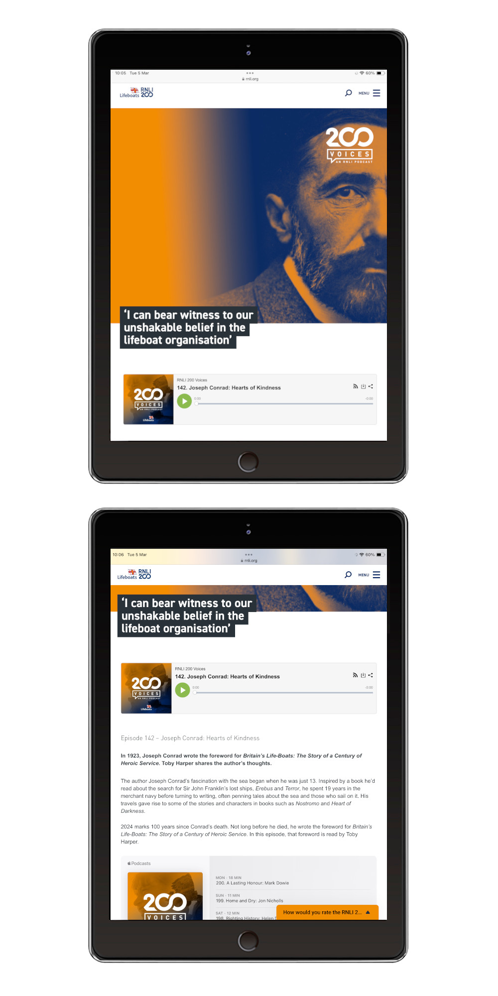 Joseph Conrad's podcast episode displayed on a tablet